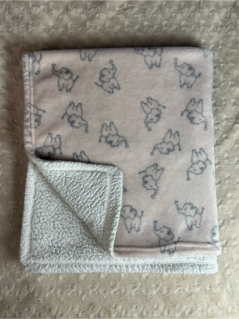 Baby Kiss Pink Gray Elephant Baby Blanket White Sherpa Security Lovey Hearts